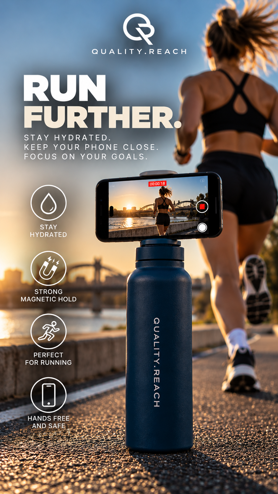 Quality Reach Magnetic Bottle – Sportfles met Telefoonhouder / Pre Order
