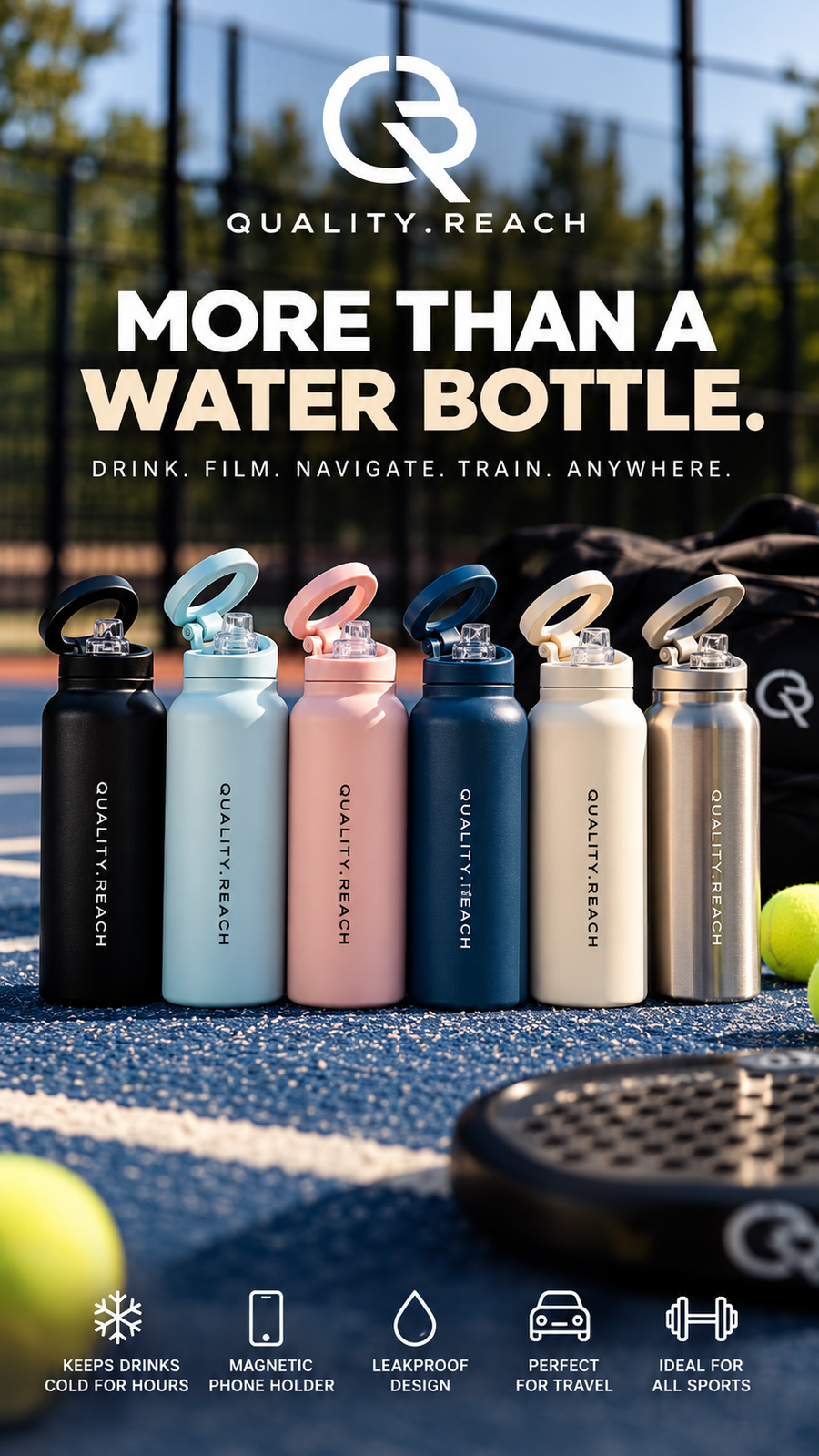 Quality Reach Magnetic Bottle – Sportfles met Telefoonhouder / Pre Order